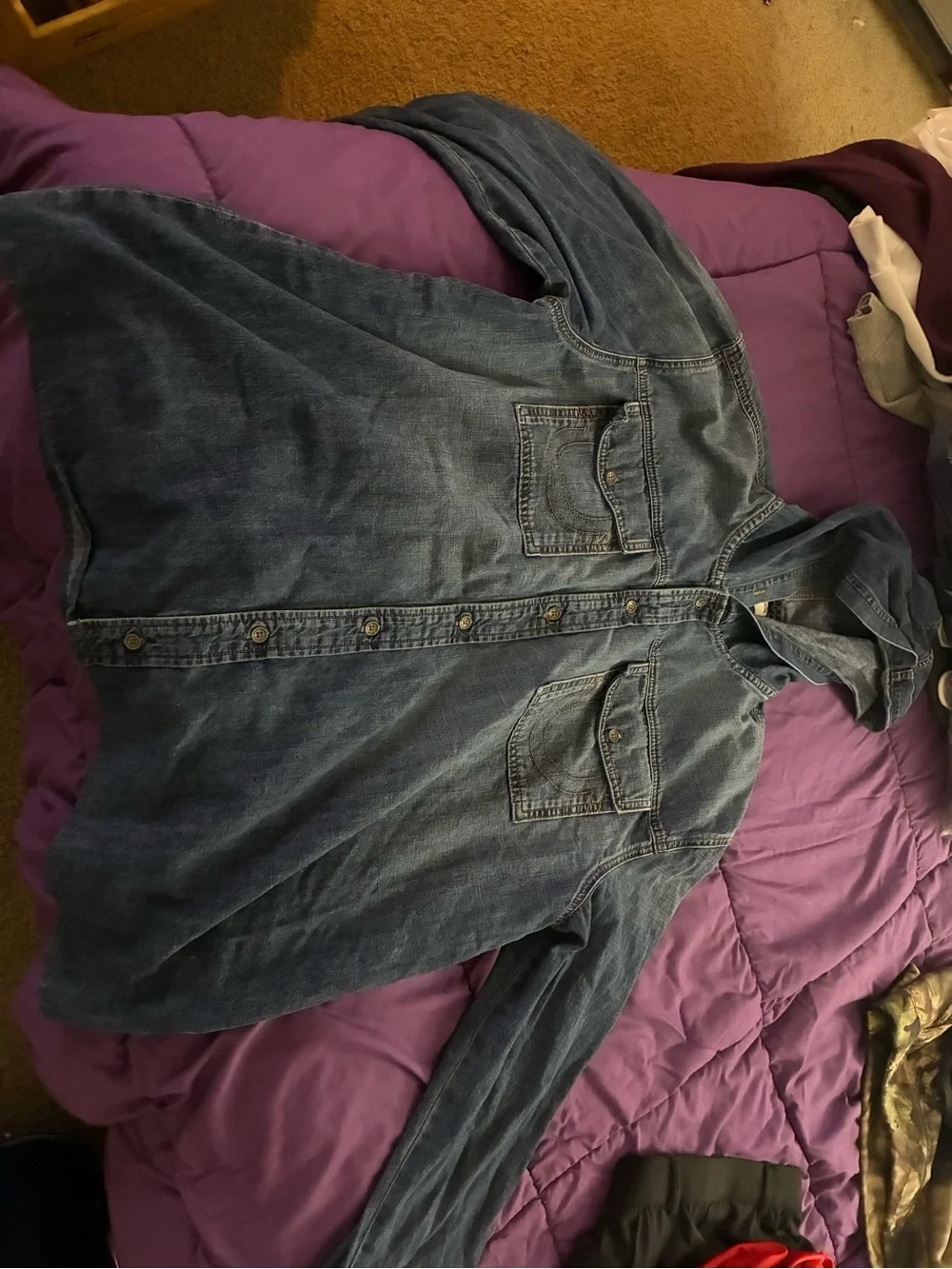True Religion Hooded Denim Shirt Jacket in Blue